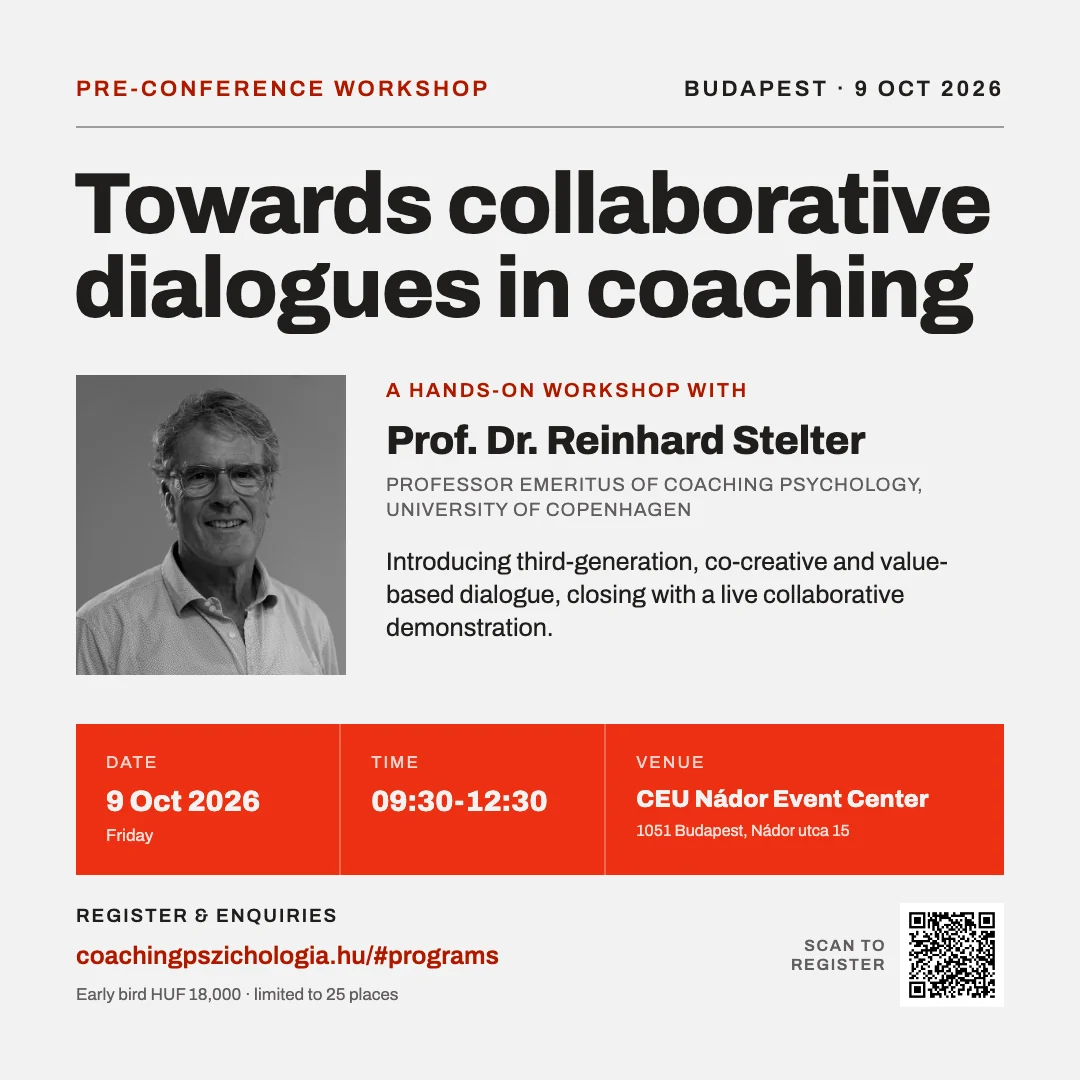 Pre-conference workshop: Towards collaborative dialogues in coaching, Prof. Dr. Reinhard Stelter. 2026. október 9., 09:30–12:30, CEU Nádor Event Center, Budapest.